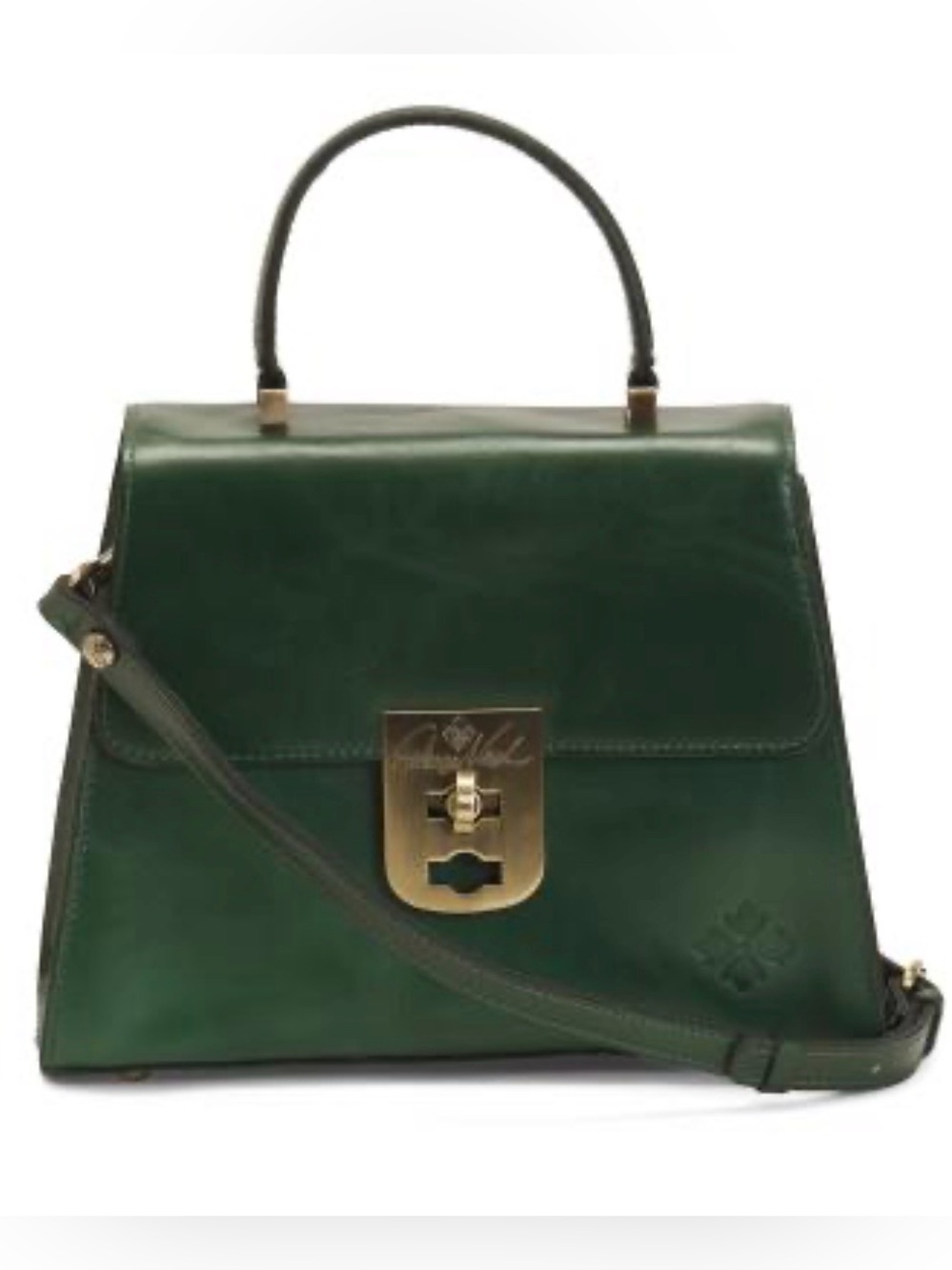 Structured Dark Green Leather Top-Handle Bag with Gold Clasp